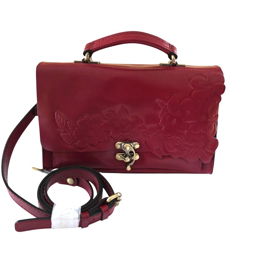 Patricia Nash Hand Cut Tooled Charonne Leather Crossbody Purse in Berry Red